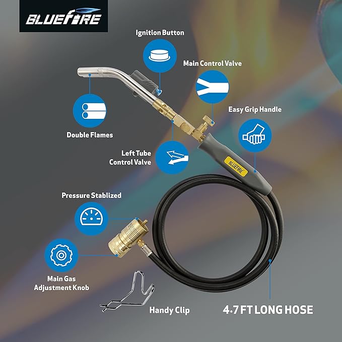 BLUEFIRE HZ-8150 Double Heads Swirl Flame Self-Ignition Hosed Turbo Torch 5' long Hose Trigger Start MAPP MAP Propane Welding Blowtorch Nozzle for brazing large diameter copper pipes, Torch Only