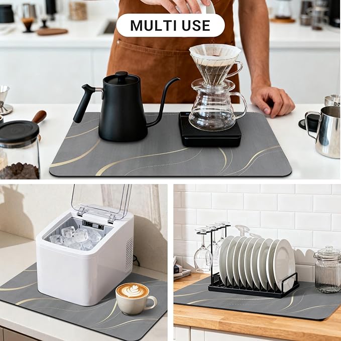 Coffee Mat 19x12 Inch, Irregular Gray Streamline Coffee Bar Mat, Absorbent Hide Stain Rubber Backed Dish Drying Mat for Kitchen Counter, Mat for Countertops, under Coffee Machine Pot Espresso Station