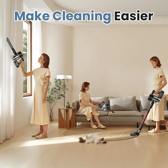 OLIXIS Cordless Vacuum Cleaner, Rechargeable Upright Cleaner with Flexible Steering, Extendable Wand, LED Headlight, 3 Brushes & Wall Mount, Handheld Vacuum for Hardwood Floor Home Cleaning