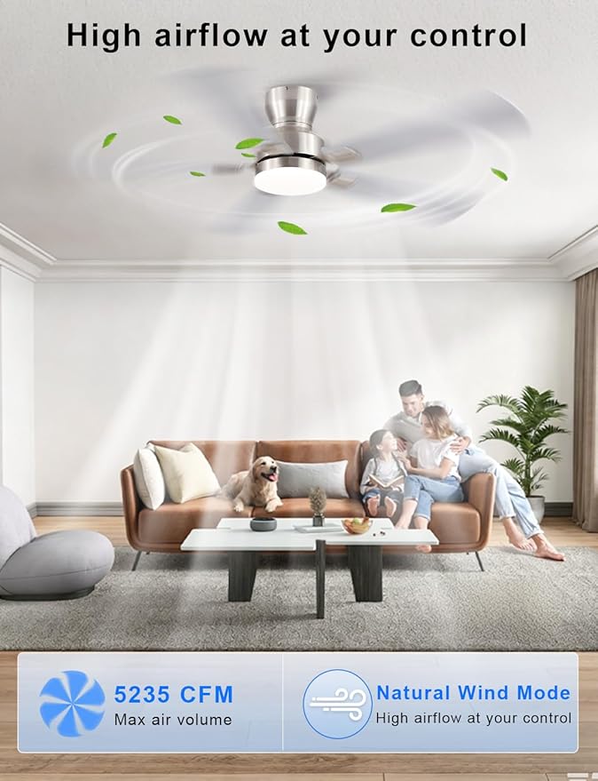 Ceiling Fans with Lights, 52'' Low Profile Ceiling Fan with Light and Remote/APP Control, Modern Flush Mount Ceiling Fan for Indoor Bedroom Living Room, Dimmable, Qiuet DC Motor, Nickel