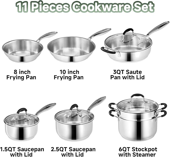 SLOTTET Stainless Steel Kitchen Cookware Set,11 Piece Pots and Pans Set with Steamer,Heat-resistant Handle,Non-Toxic,Induction,Oven,Dishwasher Safe