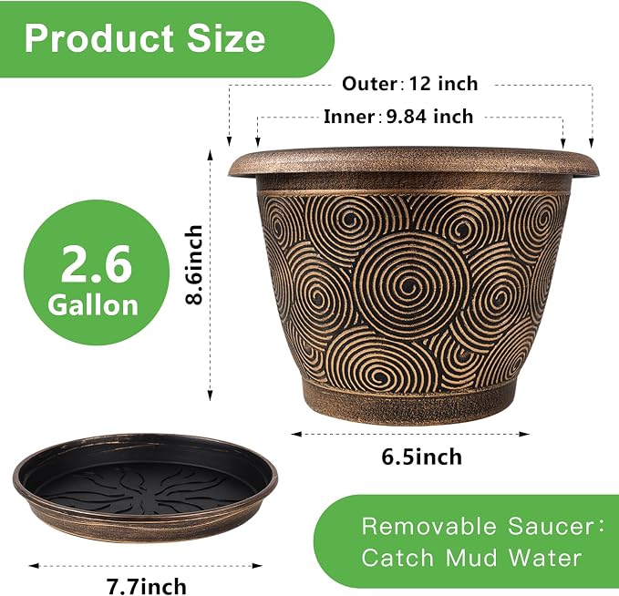 Fodetyff 12 Inch Large Planter Pot for Plants Indoor Outdoor, 4 Pack Plastic Flower Pots with Drainage Hole & Tray, Modern Decorative Garden Pot with Saucer, Plant Container for House