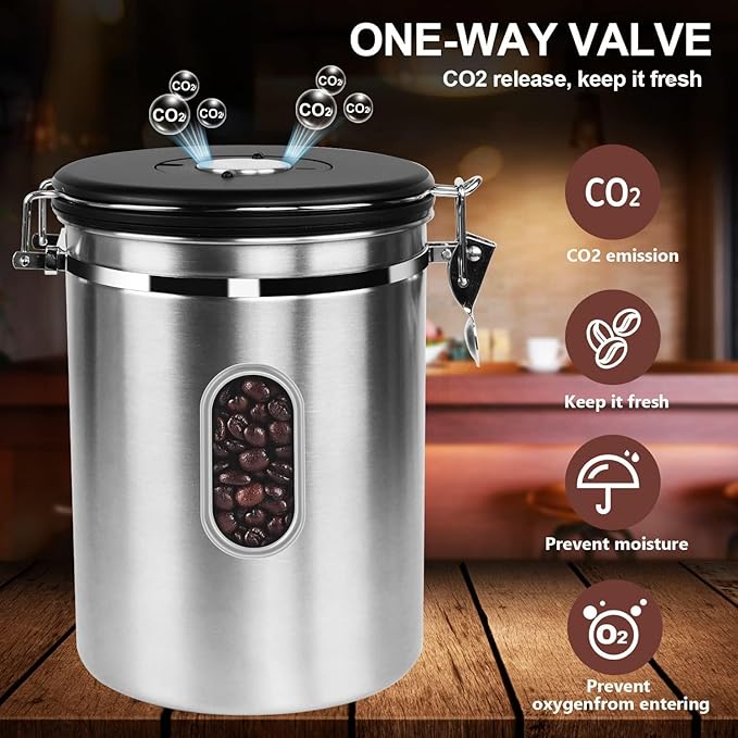 Airtight Coffee Canister with Date Tracker&Transparent Window, 35OZ Coffee Container with 30ML Measure Spoon&4 co2 Valve, Coffee Bean Storage Container for Grounds Coffee, Beans, Tea(Silver)