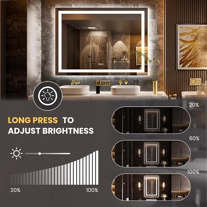 LOAAO 44"X60" LED Bathroom Mirror with Lights, Anti-Fog, Dimmable, Backlit + Front Lit, Lighted Bathroom Vanity Mirror for Wall, Memory Function, Tempered Glass, Safe to Use, ETL Listed
