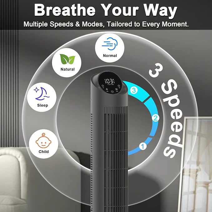 hykolity Tower Fan for Bedroom, 90° Oscillating Fan, 28dB Ultra Quiet Floor Fan with Remote Control, 26ft/s Velocity Bladeless Floor Fan with 3 Speeds & 4 Modes, 12H Timer - Black