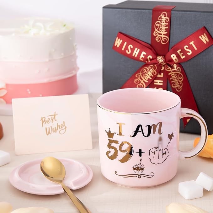 Funny 60th Birthday Coffee Mug for Women - 14oz Pink Marble Ceramic Mug, Playful Gold 59 Plus 1 Hand Design - Hilarious Turning 60 Year Old Gift for Mom, Sister, Best Friend, Wife, Neighbor, Colleague