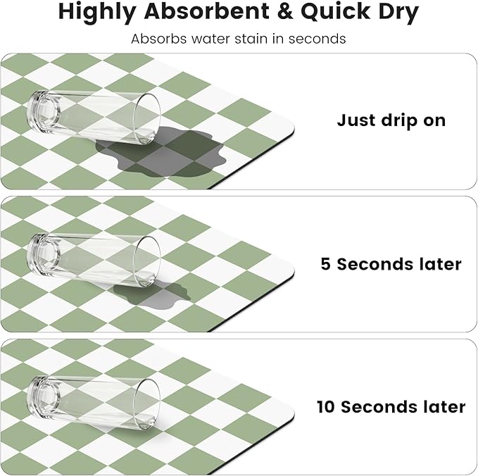 12" x 20" Checkered Dish Drying Mat for Kitchen Counter, Absorbent Coffee Bar Mat for Espresso Machine Coffee Countertops Accessories, Sage