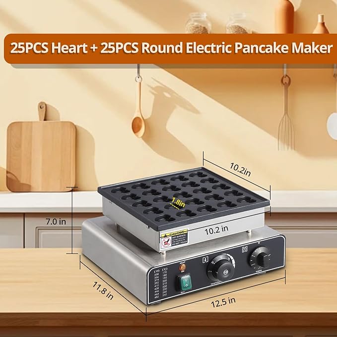 Mini Muffin Maker, 25 Hole/25 Heart, Stainless Steel, Electric, Non-Stick, 50-300C, Time Control, Silver, 850W, 110V
