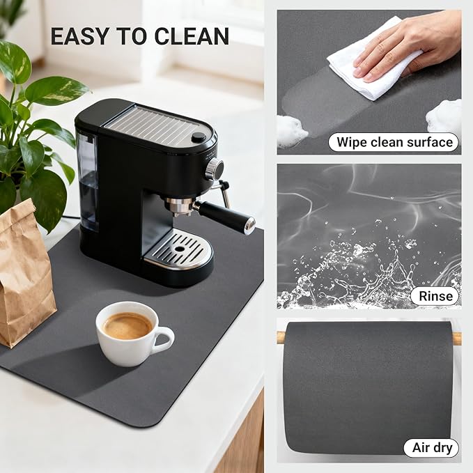 Coffee Mat 19x12 Inch, Dark Gray Coffee Maker Mat, Absorbent Hide Stain Rubber Backed Dish Drying Mat for Kitchen Counter, Bar Mats for Countertops, Under Coffee Bar Maker Machine Pot Espresso Staion
