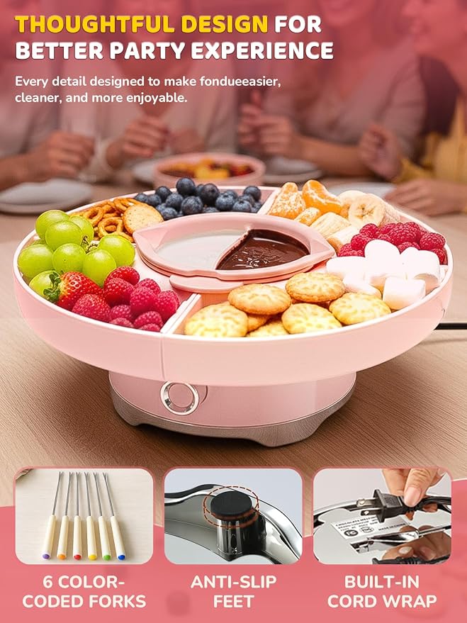 Electric Chocolate Fondue Set, 4-Cup Chocolate, Rotating Tray | Melt & Warm Modes, Dual Silicone Inserts, 6 Color-Coded Forks, Easy-Clean, Ideal for Candy Melts, Couple Family, Movie Night