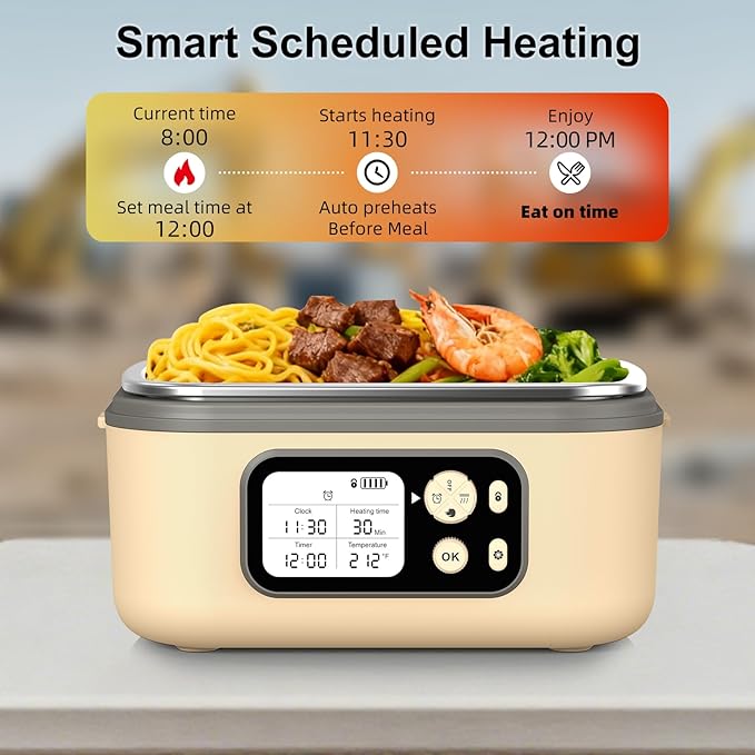 Cordless Electric Heated Lunch Box, XL 6.3Cups Rechargeable Food Warmer Lunch Box with Self Heating, Smart Timer, Adjustable Temperature, Leakproof, BPA Free, Removable Divider Yellow