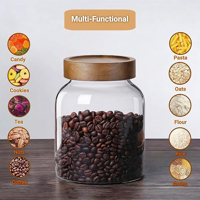 50 Fl oz/1500 ml Clear Glass Jar with Airtight Wooden Screw on Lid, Glass Pantry Canister for 500g Coffee Beans, Kitchen Food Storage Containers for Rice,Flour,Pasta,Sugar,Honey,Tea, Spice,Cereal