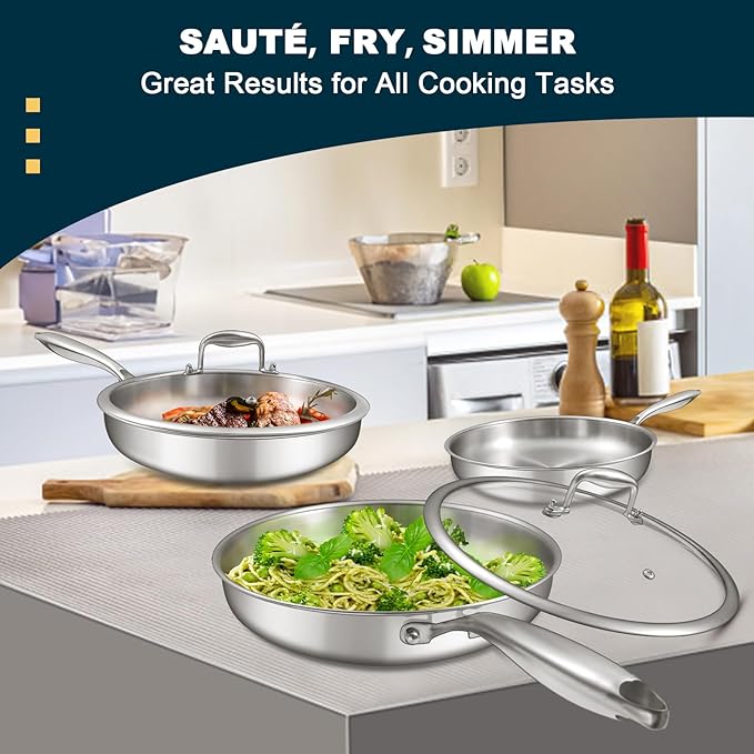 Tri-Ply Stainless Steel Frying Pans Set with Lid, EWFEN 8”/10”/12” Cooking pans, PFOA&PTFE Free Skillet, Induction Cooking Pan, Dishwasher and Oven Safe, Fast & Even Heat, Suitable for All Stove