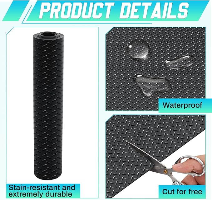 Breling 16 in x 10 ft Rubber Diamond Plate Rolls Garage Floor Mat for Under Car, Heavy Duty Flooring Rug for Trailers Garage, PVC Water/Stain Outside Resistant Parking Rv Tool