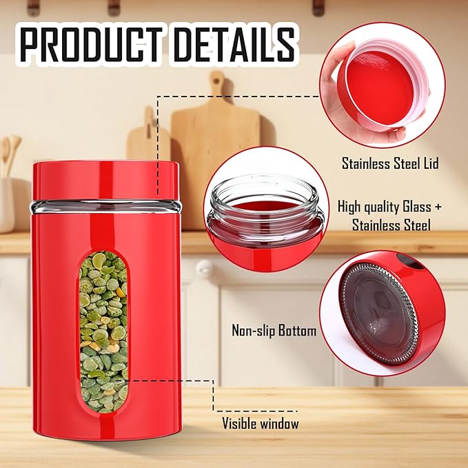 Patelai 6 Pack Kitchen Canisters Set 20 oz Airtight Stainless Steel Canister Food Storage Container with Window Glass, Coffee Sugar Candy Jars Tea Organizer for Flour Cookies Spice (Red,32 oz)