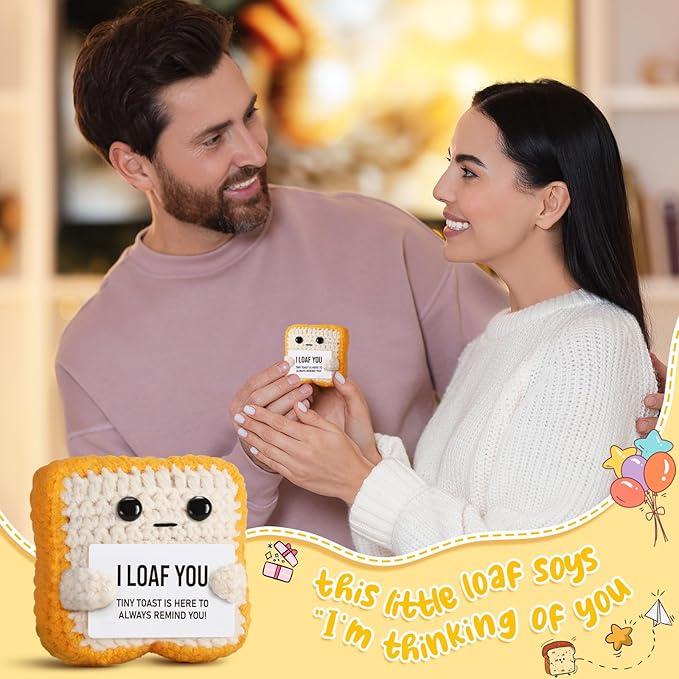 Gifts for Her Him Loved One Crochet Toast “I Loaf You” Gifts for Boyfriend Girlfriend, Funny Wedding Anniversary Birthday Gift for Women Men Couples Wife Husband - Easter Basket Stuffers & Mothers day