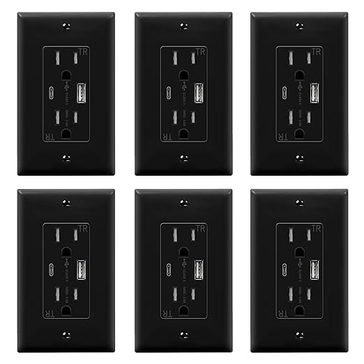 TOPGREENER 2-Port USB Outlet, Type C USB Wall Charger Outlet, 15 Amp TR Receptacle Plug, Charging Power Outlet with USB Ports, Electrical USB Socket, UL Listed, TU21536AC-BK-6PCS, Black, 6 Pack
