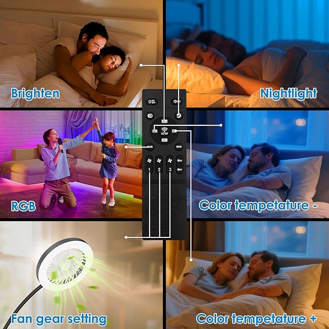 Floor Fan with RGB Lights Lamp 18w 1200Lm LED Light Fixture with Standing Fan and Remote（Black）
