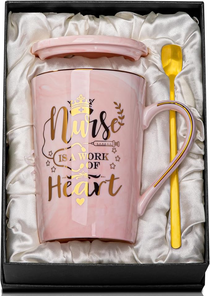 Nurse Gifts for Women, Funny Nurse Mug with Gold Print, Nurses Week Retirement Graduation Appreciation Present, School Nursing Student RN Practitioner, 14oz Pink Marbled Ceramic Cup, Nice Gift Boxed