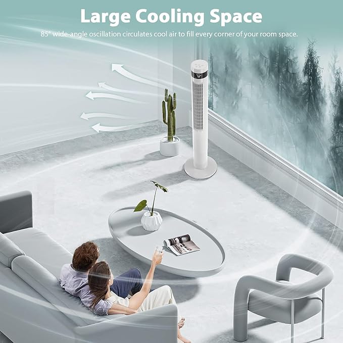Antarctic Star Tower Fan 85°Oscillating Fan Quiet Cooling 12H Timer Remote Control Bladeless Electric 3 Speeds Wind 3 Modes, 42INCH, WHITE