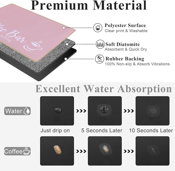SHACOS Coffee Mat 2 Pack 12x19 Inch Absorbent Non Slip Rubber Bar Accessories Coffee Maker Mat for Countertop Dish Drying Mat Heat Resistant, Pink