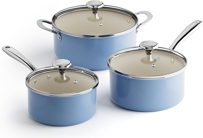 Redchef Non-stick Stock Pots Set 5QT, Sauce Pan with Lids(2.5QT, 3.5QT) Multifunctional Kitchen Cookware Sets, Non Toxic with Stay Cool Handle, PTFE & PFAS & PFOA Free, Dishwasher/Oven Safe (Blue)