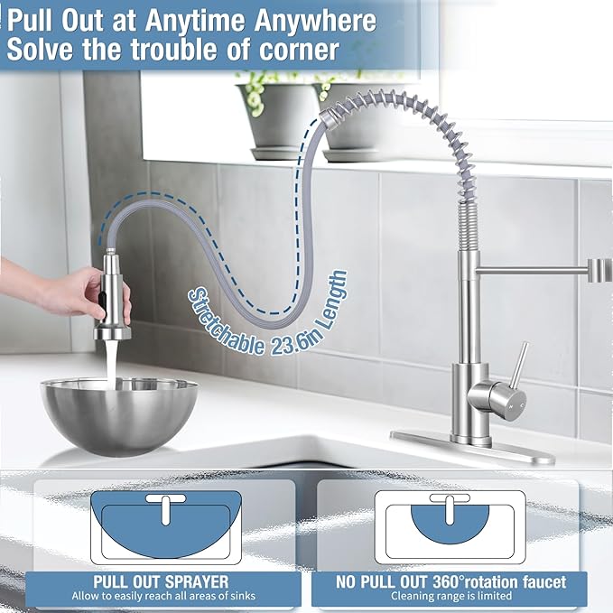 DJS Kitchen Faucets with Pull Down Sprayer Brushed Nickel -Single Handle 1 or 3 Holes Spring Kitchen Sink Faucet with Deck Plate for Farmhouse RV Vessel Basin