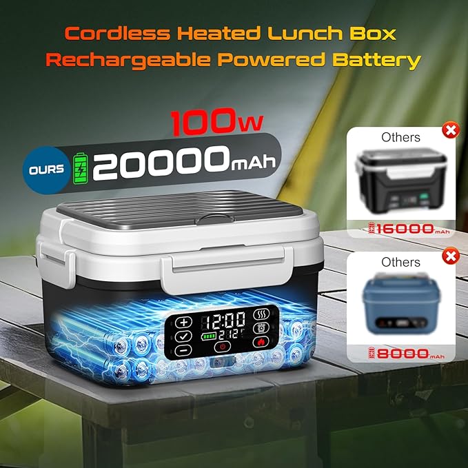 Cordless Electric Heated Lunch Box, XL 6.3Cups Rechargeable Food Warmer Lunch Box with Self Heating, Smart Timer, Adjustable Temperature, Leakproof, BPA Free, Removable Divider Dark Black