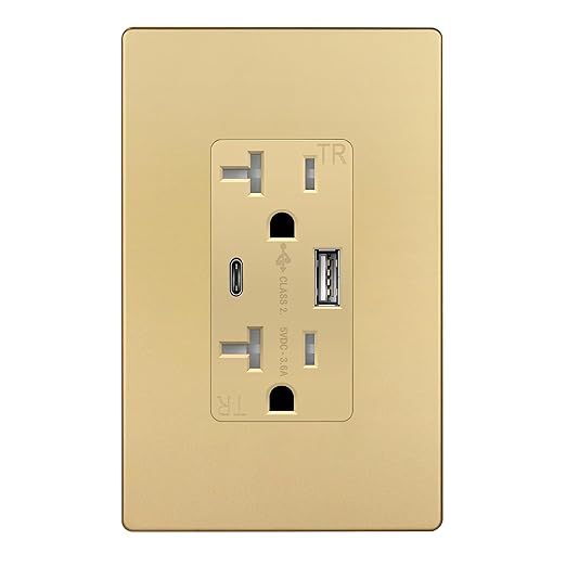 TOPGREENER 2-Port USB Outlet, Type C USB Wall Charger Outlet, 20 Amp TR Receptacle Plug, Charging Power Outlet with USB Ports, Wall Plate Included, UL Listed,TU22036AC-GDWSI, Gold