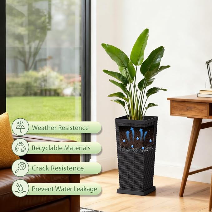 Set of 2 24 Inch Tall Plastic Planters with Drainage Saucers, Rattan Pattern UV Resistant Indoor Outdoor Flower Pots for Patio Garden Balcony Decor, Black