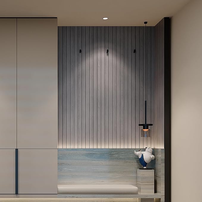 YU LI 3DH Peel and Stick PVC Slat Wall Panel 236"x15.75" Self-Adhesive Thick Faux Grey Wood Grain Wallpaper Panel 3D Soundproof Wall Panels for Walls & Ceilings