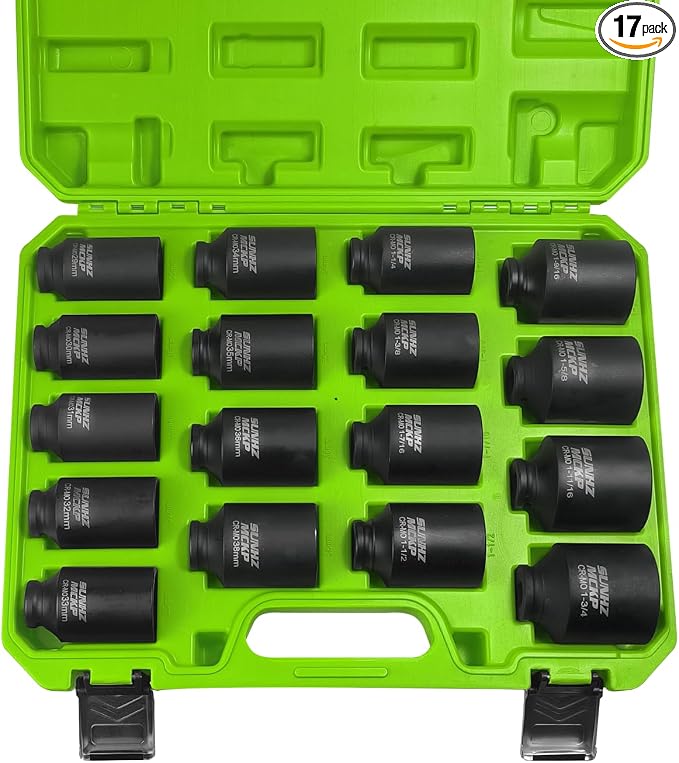 SUNHZMCKP 1/2" Drive Deep Impact Socket Set 17-Piece, Spindle 6 Point Axle Nut Sockets Set, Standard SAE (1-1/4-Inch to 1-3/4-Inch) and Metric (29mm - 38mm) Large Socket, CR-MO, Impact Grade