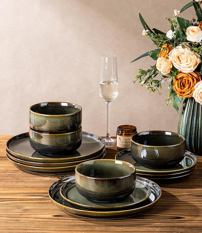 TheTerra Ceramic Dinnerware Sets for 4, 12 Pieces Handmade Reactive Glaze Plates and Bowls Set, Scratch Resistant Dish Set, Oven & Microwave & Dishwasher Safe, Olive Green
