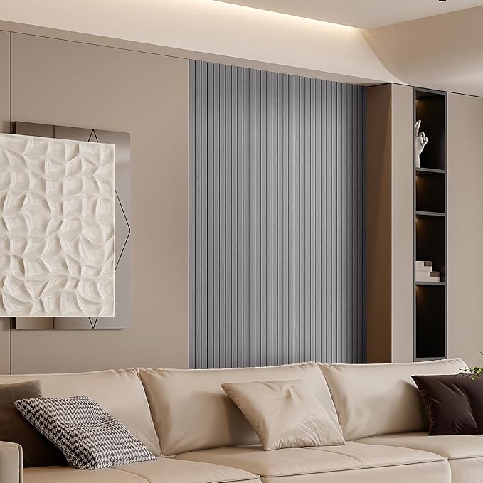 YLL YLL PVC Slat Wall Panel Peel and Stick 118"x 15.7" Faux Grey Wood Grain Slat Panel Self-Adhesive Wallpaper Soundproof 3D Wall Panels
