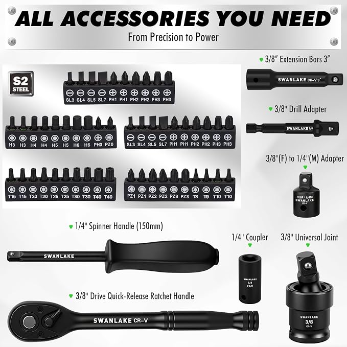 105-Piece 3/8" Drive Impact Socket Set, SAE (5/16 to 3/4 inch) and Metric (8-22mm) 6 Point CR-V Steel Socket Wrench Set, Extension Bars, Universal Joint, Ratchet Handle, Screwdriver Bit Mechanic Tool