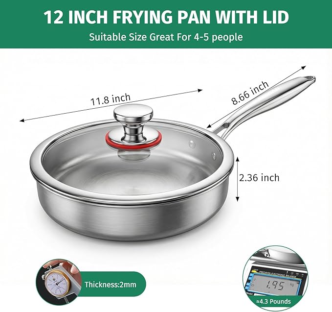 12 Inch Stainless Steel Pan, 5pcs Tri-Ply Stainless Steel Frying Pan with Lid, Dishwasher & Oven Safe, Induction Cooking Skillets, Fast & Even Heat and Detachable Handle