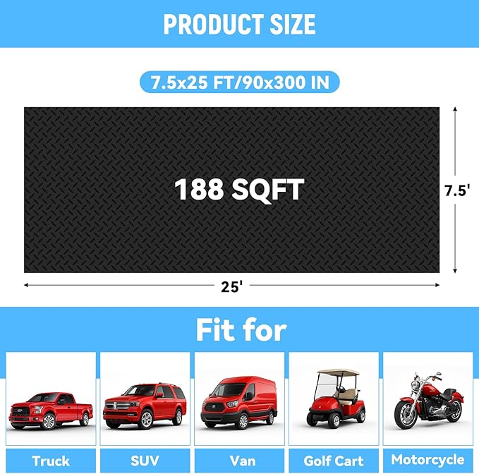 7.5x25 FT Garage Floor Mat, 2.8mm Thickened PVC Flooring Roll for Under Car, 188 SQFT Diamond Plate Black Garage Mats for Garage, Warehouse, Basement, Gyms, Trailer（Included Tapes）