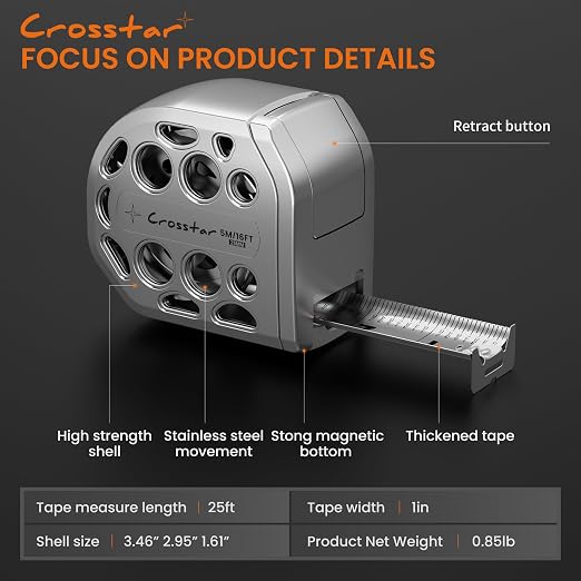 Crosstar 25FT Magnetic Self-Locking Stainless Steel Tape Measure, Double-Sided Scale, Waterproof & Rustproof Retractable Measuring Tape with Hollow Design for Home, Industrial, Woodworking