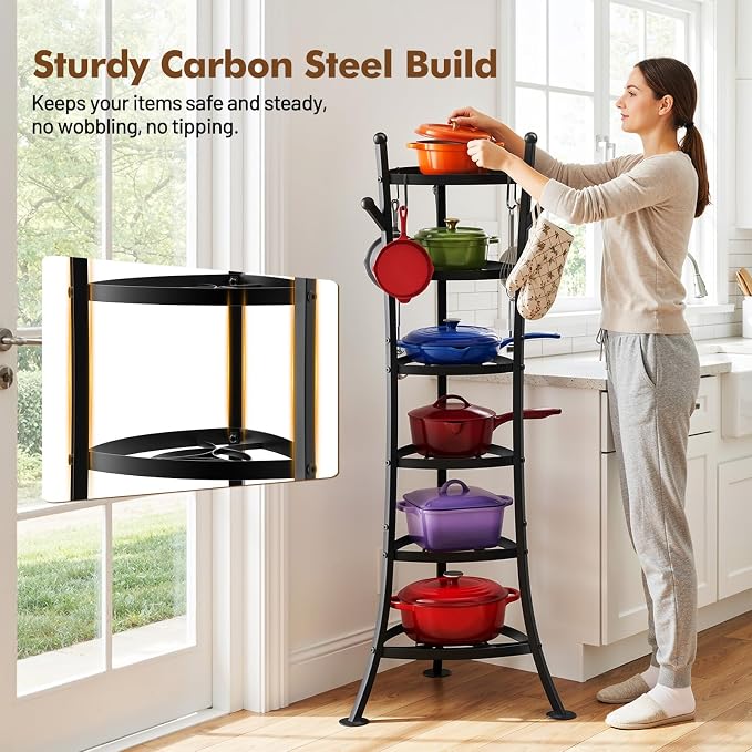 Housolution 6 Tier Pot and Pan Organizer Rack Cookware Storage Tower | 264Lbs Large Capacity, Sturdy Carbon Steel, Reinforced Curved Support Design, Freestanding & Space-Saving