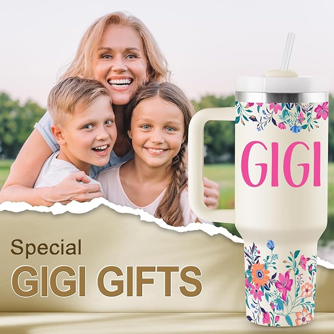 ROSTANTEN Gigi Gifts for Grandma Mothers Day Gifts for Gigi from Grandkids Best Grandma Gift for Christmas Birthday 40oz Travel Cup Insulated Tumbler with Lid & Straw