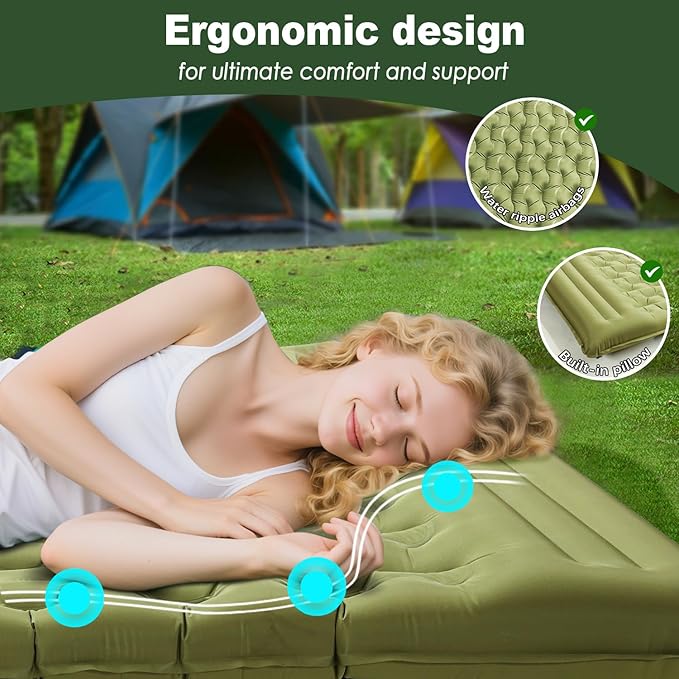 Double Sleeping Pad for Camping - 5" Ultra-Thick Camping Mattress with Pillow, Built-in Foot Pump, Compact 2-Person Portable Camping Mat for Backpacking, Hiking, Car Traveling, Beach, Tent
