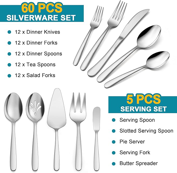 LIANYU 65-Piece Heavy Duty Silverware Set with Serving Utensils, Stainless Steel Flatware Cutlery Set for 12, Eating Utensils Tableware Include Forks Knives Spoons, Mirror Finished, Dishwasher Safe