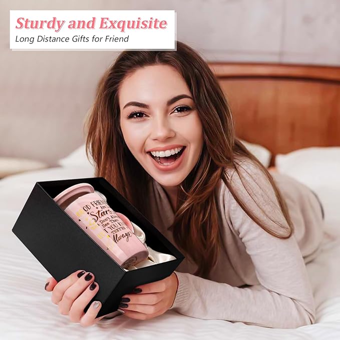 Best Friend Birthday Gifts for Women, Valentines Friendship Gifts for Women - Good Friends are Like Stars - Funny 14Oz Pink Ceramic Gold Print Mug, Presents for BFF, Sisters, Besties, Nice Gift Boxed