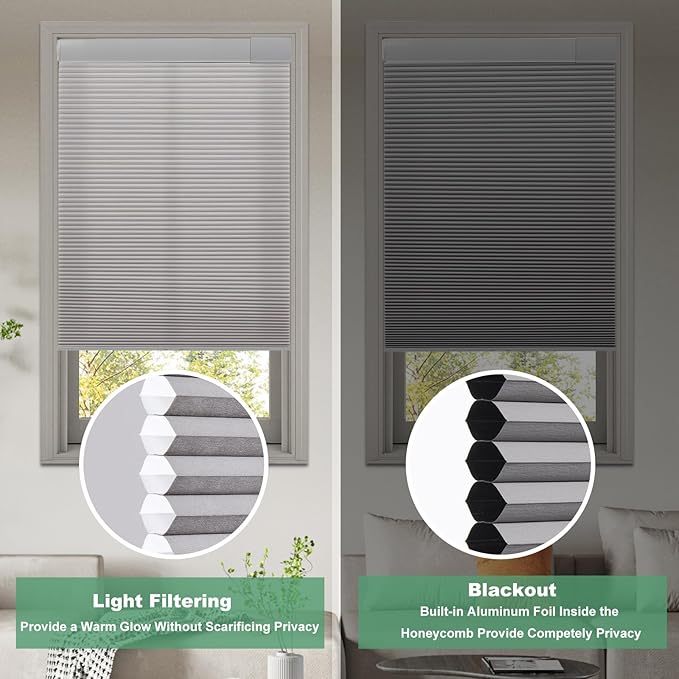 Tonature No Drill Cellular Shades for Indoor Windows, Thermal Insulating & Noise Reducing Honeycomb Blinds, Free Stop Cordless Blackout Shades, Grey,23" W x 80" H