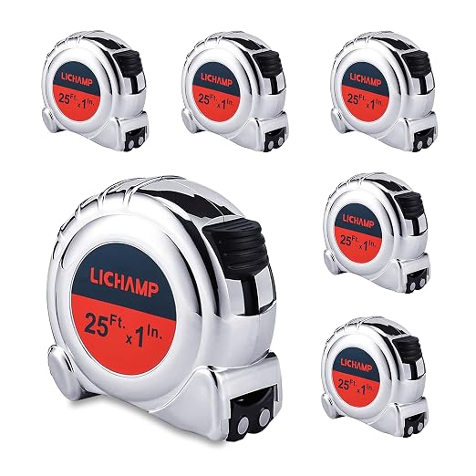 LICHAMP Tape Measure 25 ft with Magnetic, 6 Pack Bulk Easy Read Chrome Measuring Tape Retractable with Fractions 1/8, Measurement Tapes 25-Foot by 1-Inch, Round