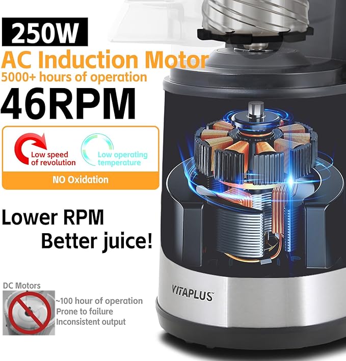 VITAPLUS Stainless Steel Auger Cold Press Juicer, AC Motor Slow Masticating Juicer, Plastic-Free Extractor for Whole Fruits & Vegetables, 5.8" Wide Chute, BPA-Free, Easy to Clean, FDA21 CFR Tested