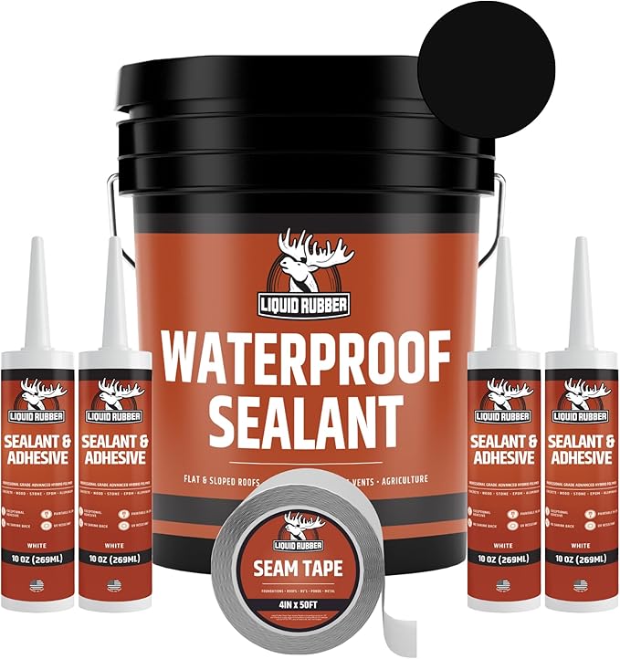 Liquid Rubber Waterproof Sealant - Waterproof Leak Repair Coating, Multi-Surface Rubber Paint, Durable Sealant for Roofs, Kit Includes- Black 5 Gallon Sealer, Caulk 10.2 oz 4 Pack, Seam Tape 4" x50'