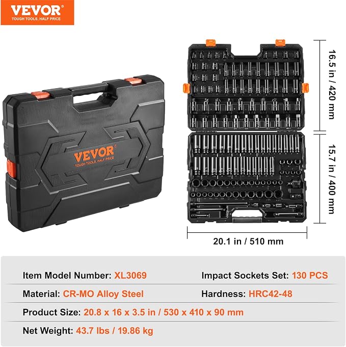 VEVOR Impact Socket Set 130 Piece 3/8" & 1/2" - SAE & Metric Drive Socket Set - 6 Point Cr-Mo Alloy Steel for Auto Repair - Easy-to-Read Size Markings - Includes Storage Case