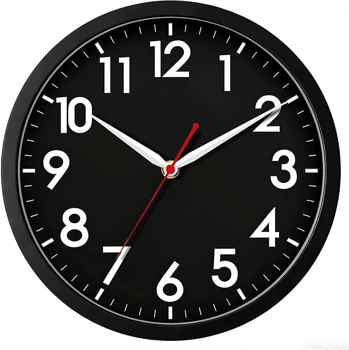 AKCISOT 10 Inch Wall Clock, Battery Operated Analog Clock, Silent Non-Ticking, Ideal for Bedroom, Bathroom, Kitchen, Office and School, Black