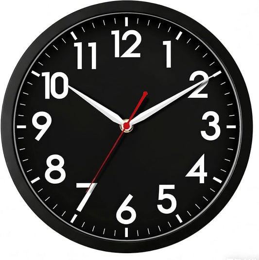 AKCISOT 10 Inch Wall Clock, Battery Operated Analog Clock, Silent Non-Ticking, Ideal for Bedroom, Bathroom, Kitchen, Office and School, Black